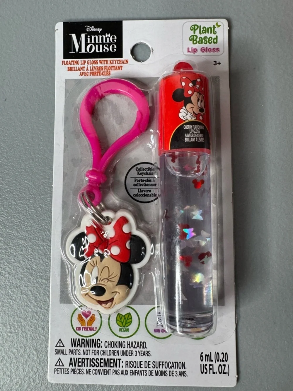Disney Minnie Mouse Keychain and confetti clear Lip Gloss Set cherry flavored